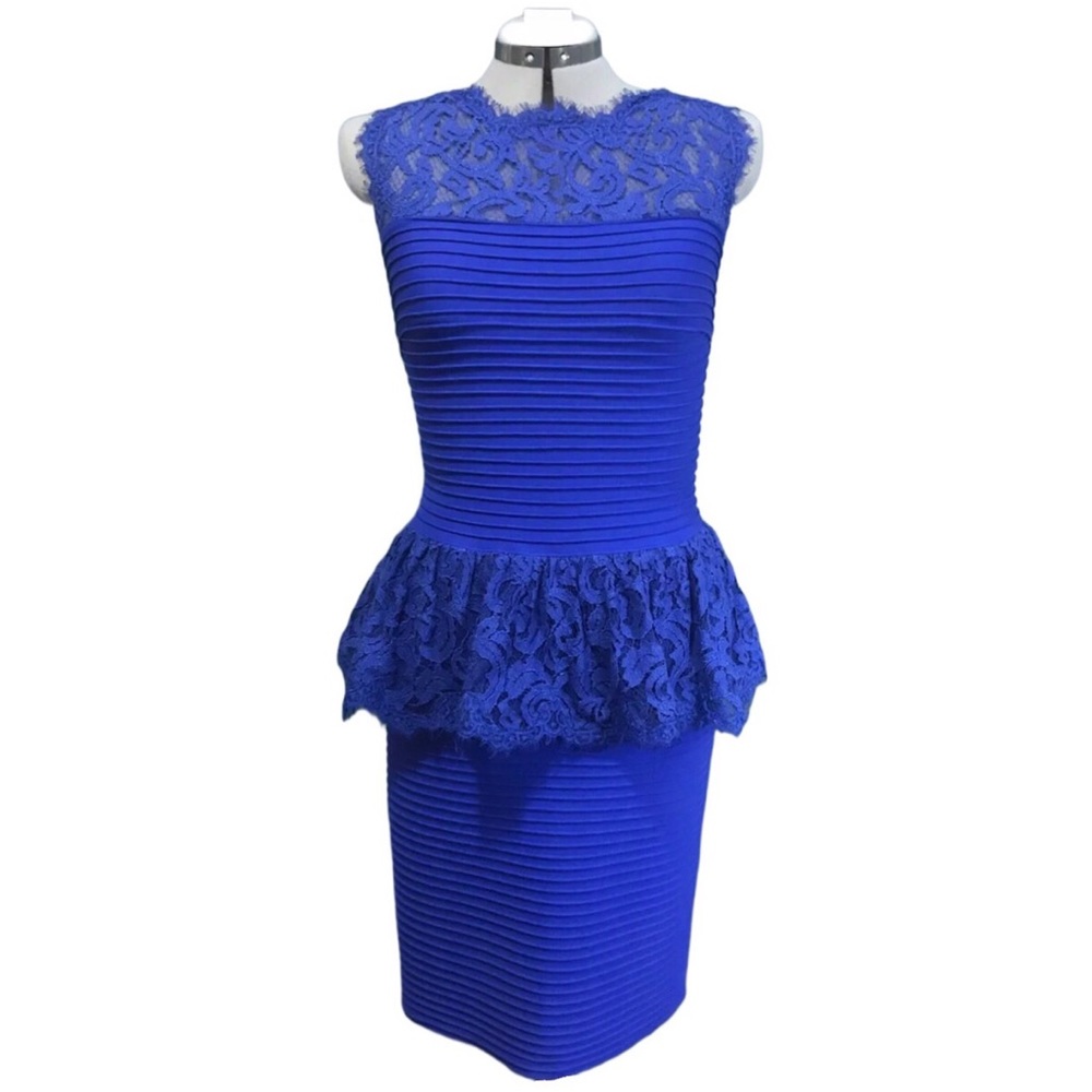 TADASHI SHOJI Lace Peblum Dress Indigo Blue Party Cocktail Formal M Medium 8 10